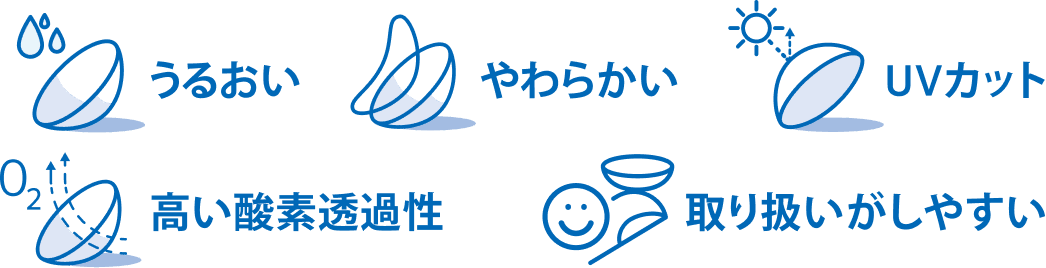 クラリティ® マルチフォーカルの特徴（うるおい・やわらかい・UVカット・高い酸素透過性・取り扱いがしやすい）